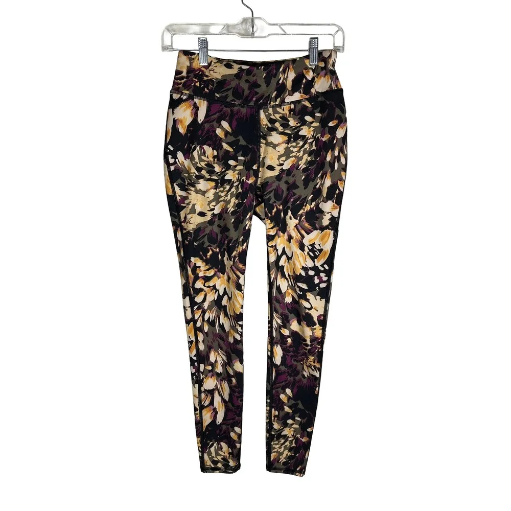 Columbia Womens Abstract Floral High Waisted Performance Leggings Purple Black M